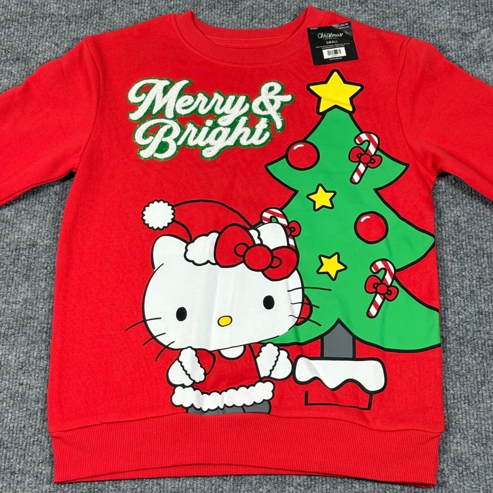 Hello Kitty Small Youth Kids Red Sweatshirt Merry Bright Christmas Holiday Party